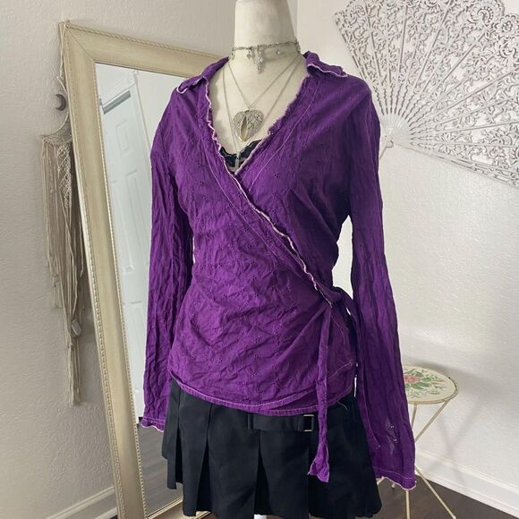 White Stag Whimsygoth Front Tie Purple Berry Pink Cotton Lace Wrap Blouse Top L - Picture 2 of 8